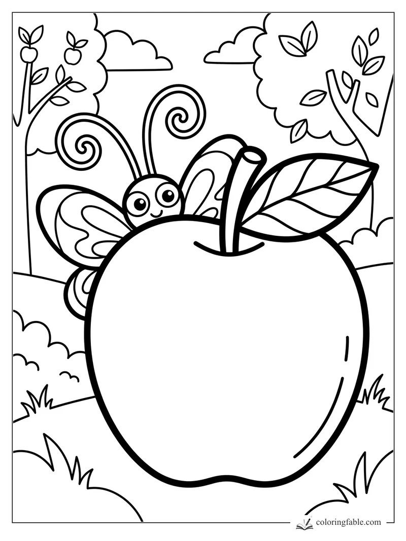 Cute butterfly peeking over a large apple in an orchard coloring page