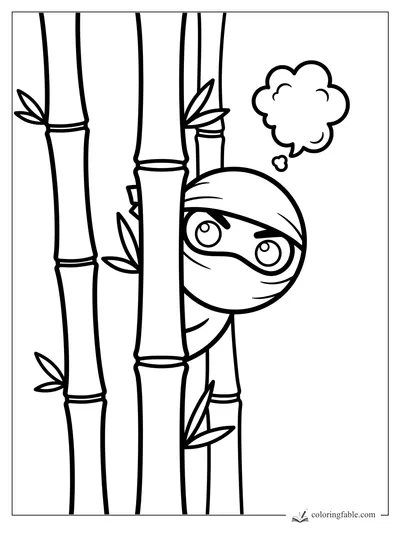 Toddler ninja peeking from behind tall bamboo stalks with leaves and a thought puff