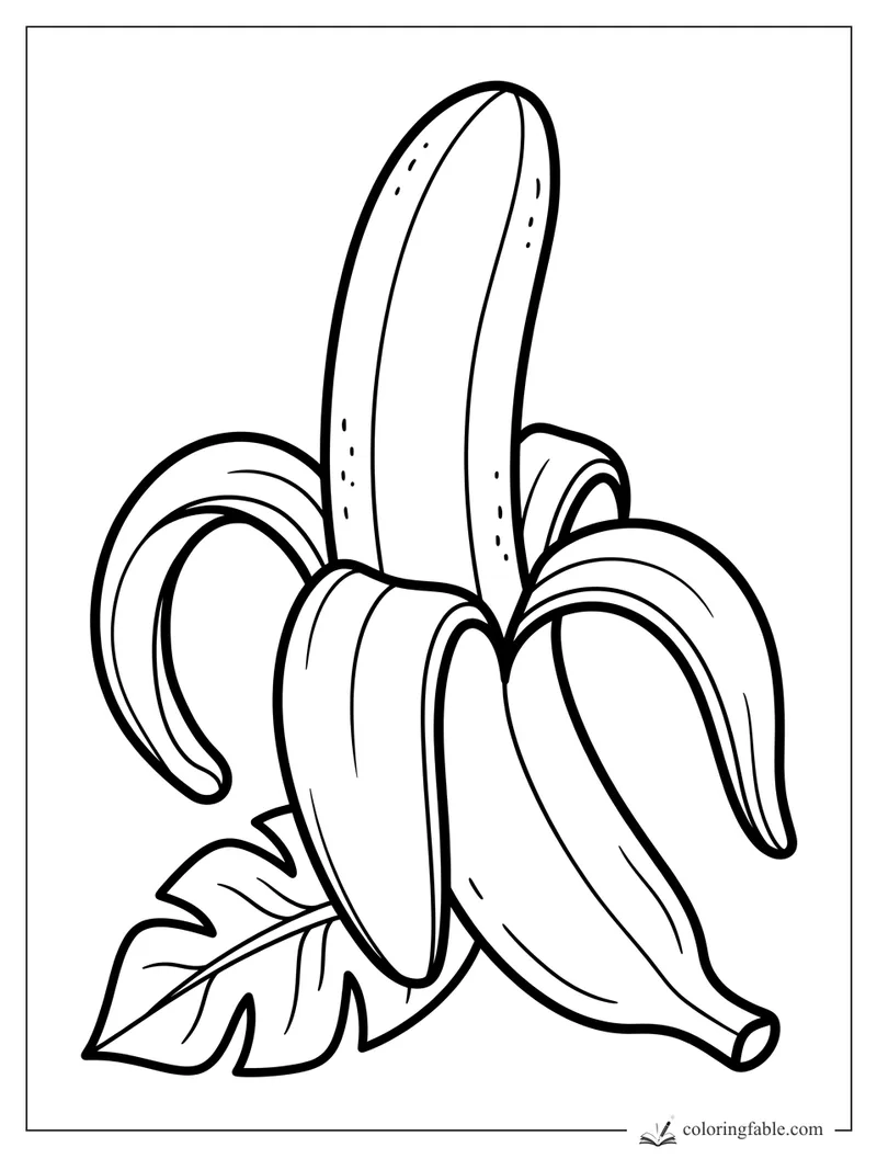 Bold easy peeled banana coloring page with curved peels, speckles, and a leafy stem