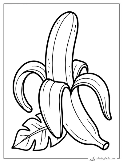 Bold easy peeled banana coloring page with curved peels, speckles, and a leafy stem