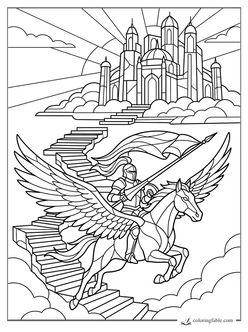 Stained-glass fantasy coloring page of a knight riding a winged horse up cloud stairs toward a radiant castle.