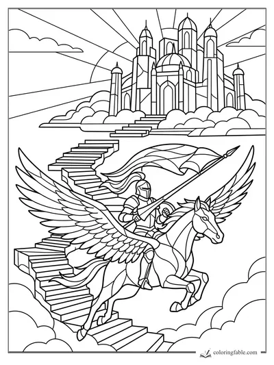 Stained-glass fantasy coloring page of a knight riding a winged horse up cloud stairs toward a radiant castle.