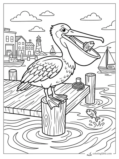 Cartoon pelican holding a fish in its pouch on a harbor dock with boats, lighthouse, clouds, and splashing fish