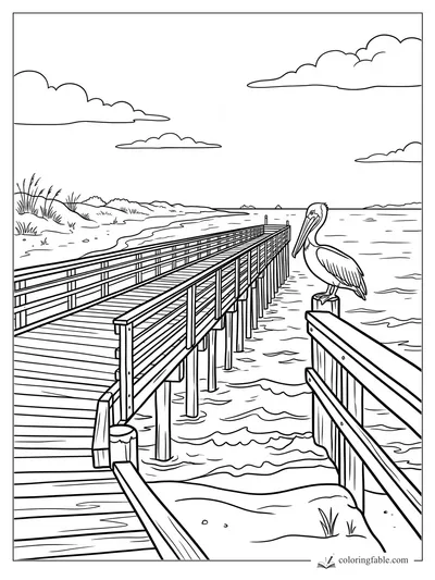 Beach coloring page with a pelican perched on a pier railing beside waves, dunes, clouds, and a long boardwalk.