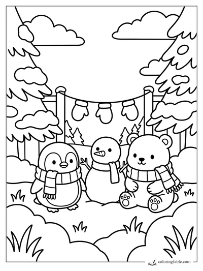 Cozy winter coloring page with a penguin, bear, snowman, mittens, snowy pines, and clouds.