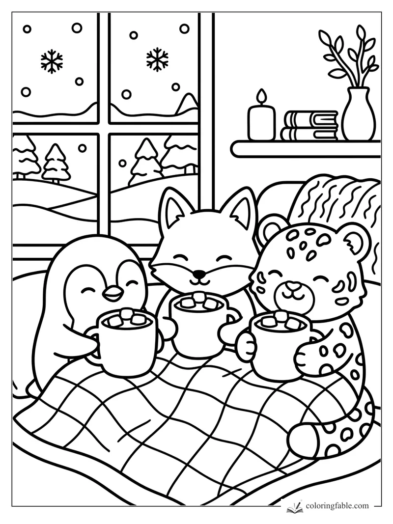 Penguin, fox, and leopard holding cocoa mugs under a blanket by a snowy window.