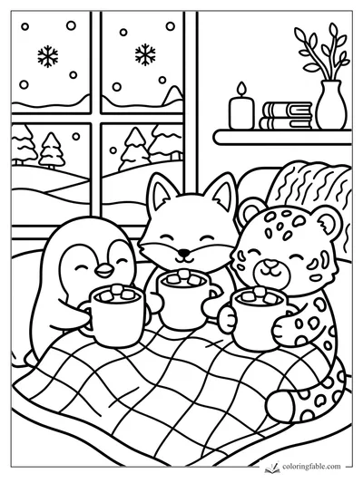 Penguin, fox, and leopard holding cocoa mugs under a blanket by a snowy window.
