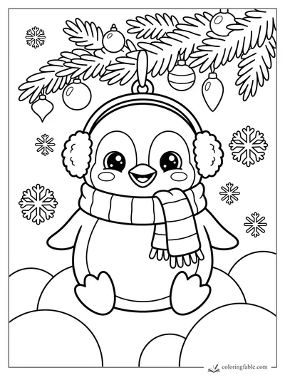 Adorno kawaii de pingüino para colorear con orejeras, bufanda, ramas de pino, esferas y copos de nieve