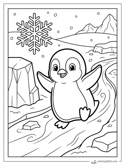 Cute penguin skating with flippers raised on a winding icy path, with a giant snowflake and mountains.