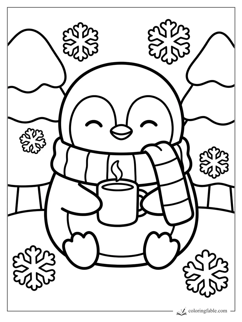 Cozy penguin holding a steaming mug, wearing a striped scarf among snowy trees and snowflakes.