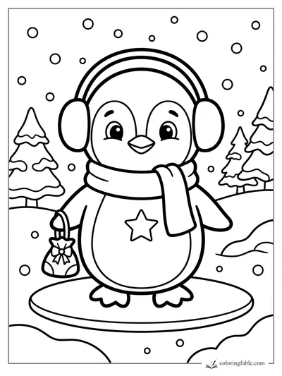 Cute penguin in earmuffs and scarf holding a tiny Christmas bag in snowy pine woods