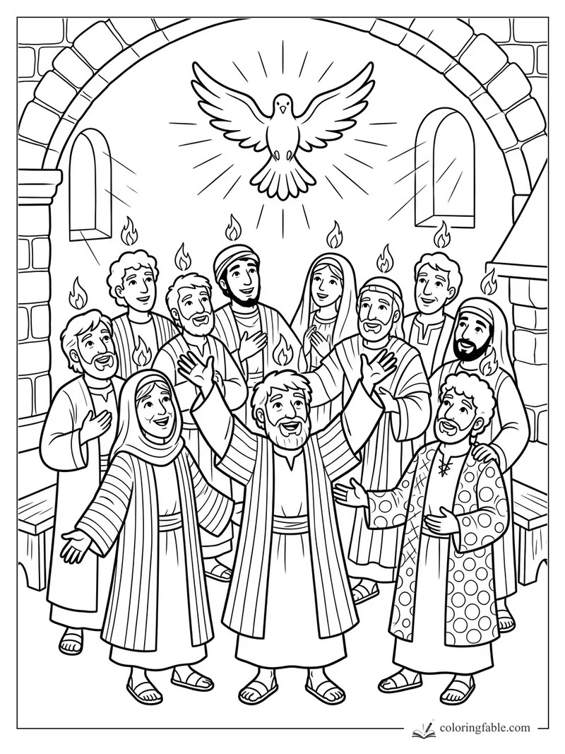 Pentecost coloring page with a dove, flames, disciples, stone arch, and arched windows