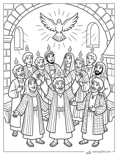 Pentecost coloring page with a dove, flames, disciples, stone arch, and arched windows