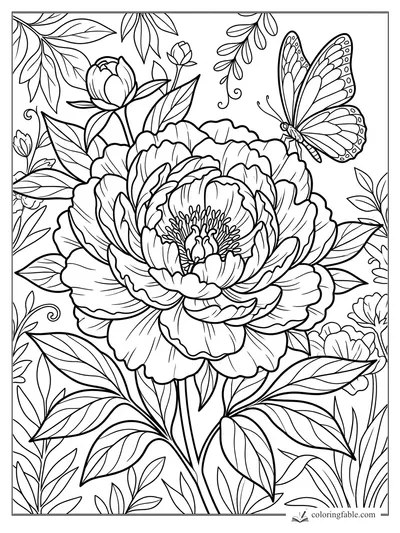 Large peony coloring page with layered petals, leafy stems, buds, vines, and a patterned butterfly.