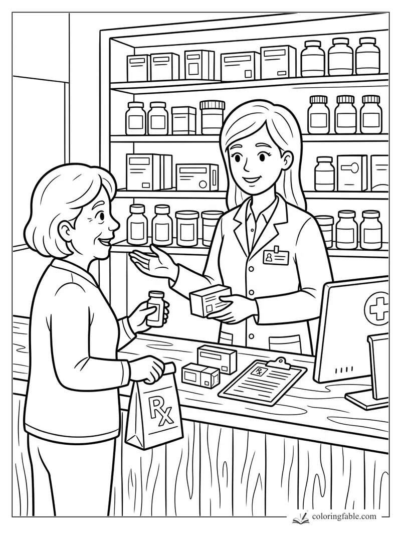 Pharmacist hands a medicine box to a customer beside shelves of bottles and prescription bags.