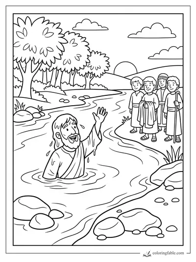 Philip waving in a river while four travelers watch from the bank, with trees, rocks, hills, and clouds
