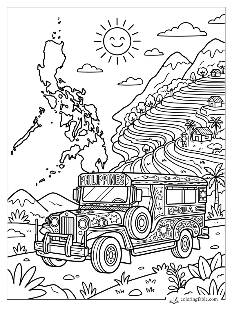 Philippines coloring page with a decorated Manila jeepney, island map, rice terraces, mountains, and smiling sun.