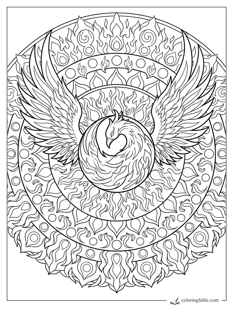 Intricate manga phoenix mandala with spread wings, flame rings, petals, spirals, and dotted arcs