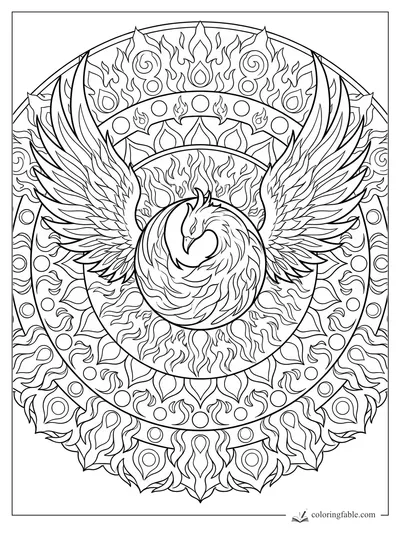 Intricate manga phoenix mandala with spread wings, flame rings, petals, spirals, and dotted arcs
