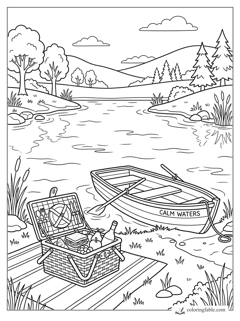 Easy coloring page of a picnic basket on a dock beside a rowboat named Calm Waters on a quiet lake.