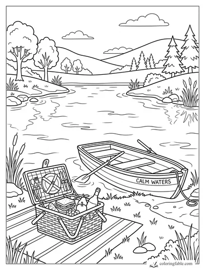 Easy coloring page of a picnic basket on a dock beside a rowboat named Calm Waters on a quiet lake.