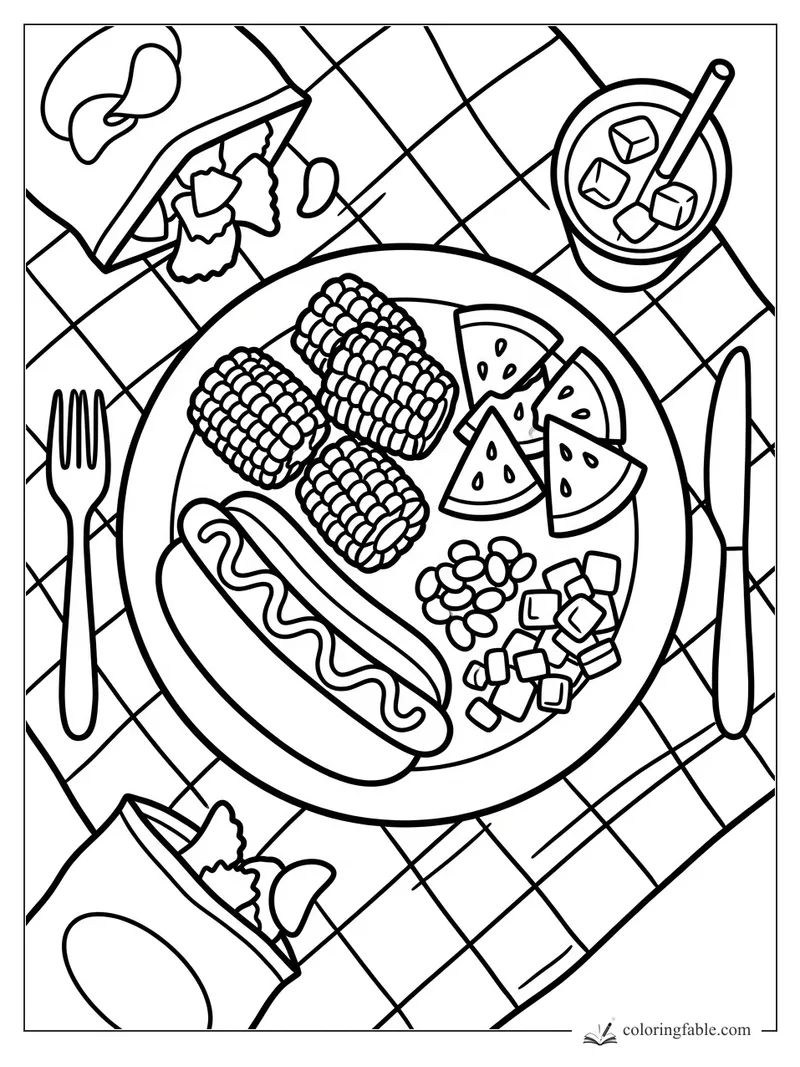 Easy summer picnic coloring page with hot dog, corn cobs, watermelon, drink, fork, knife, and chips.