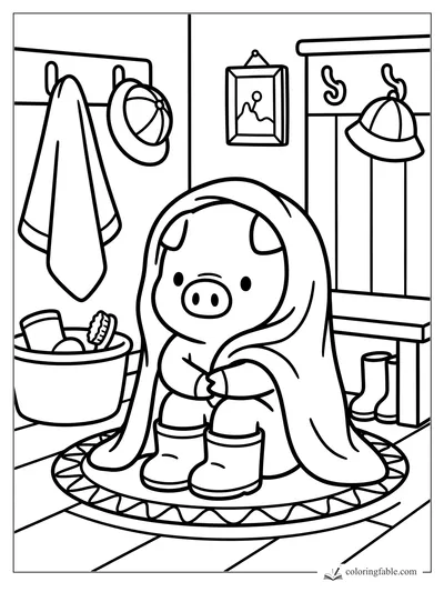 Cozy piglet under a towel with boots, hats, hooks, and a wash bucket in a mudroom coloring page