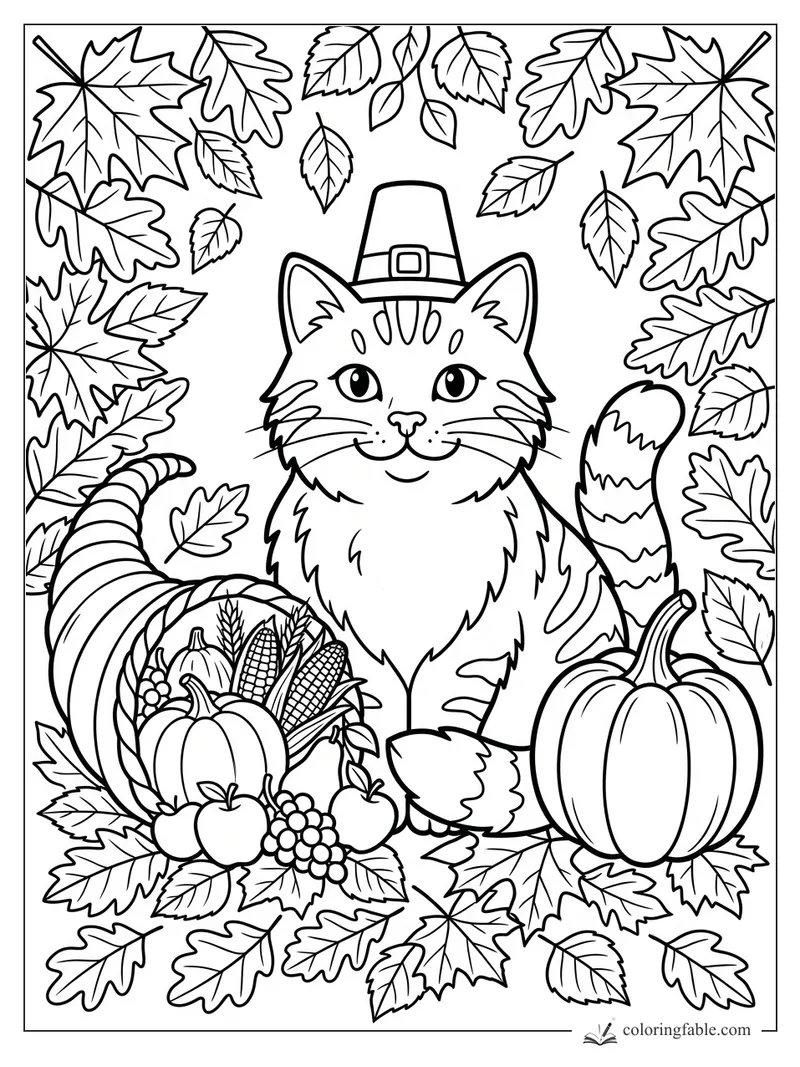 Smiling cat in a pilgrim hat beside pumpkins, cornucopia, grapes, apples, corn, and autumn leaves