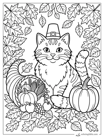 Smiling cat in a pilgrim hat beside pumpkins, cornucopia, grapes, apples, corn, and autumn leaves