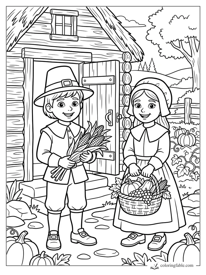 Pilgrim boy with corn and girl with harvest basket outside a log cabin with pumpkins