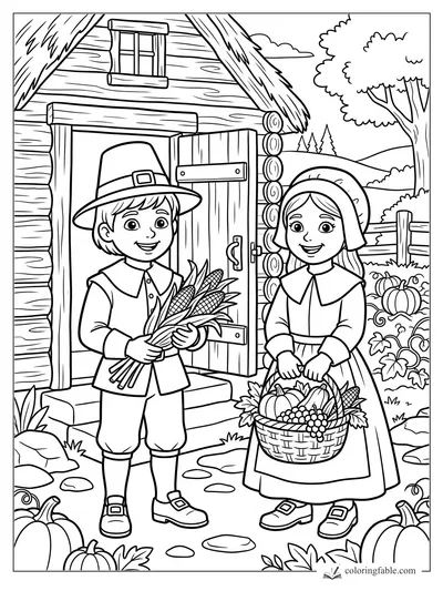 Pilgrim boy with corn and girl with harvest basket outside a log cabin with pumpkins