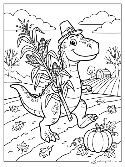 Smiling dinosaur in a pilgrim hat carries cornstalks past a pumpkin and farm fields.