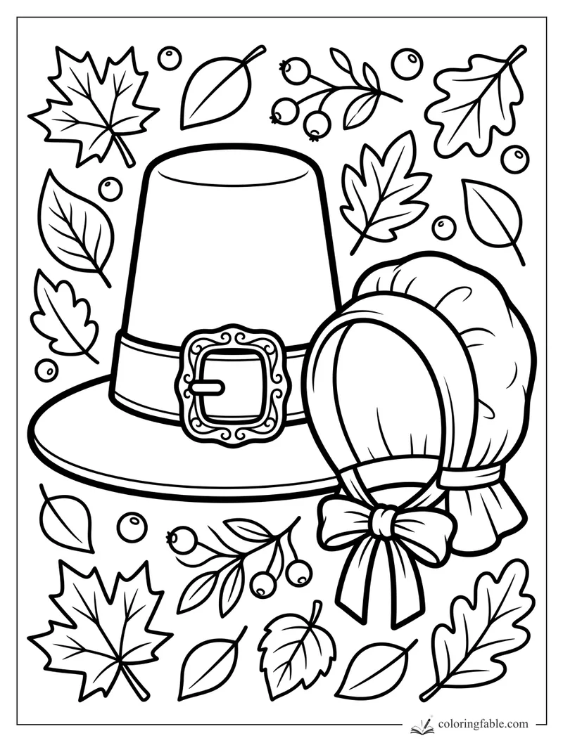 Bold Thanksgiving pilgrim hat and bonnet surrounded by fall leaves and berries