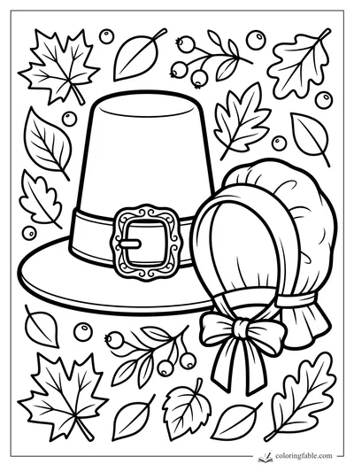 Bold Thanksgiving pilgrim hat and bonnet surrounded by fall leaves and berries