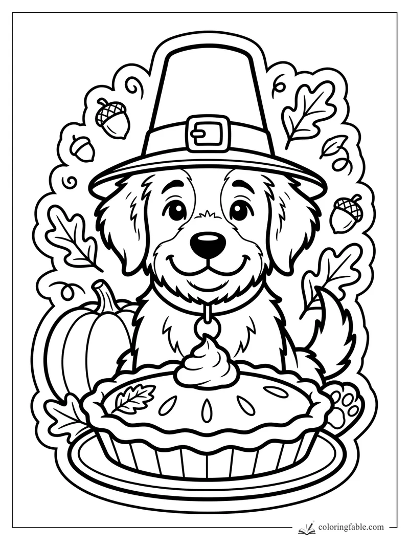 Cute puppy in a pilgrim hat holding whipped cream over pumpkin pie with leaves, acorns, and pumpkins.