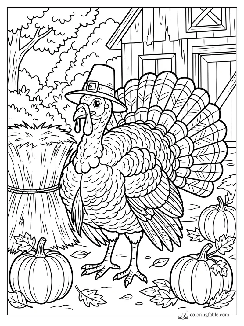 Thanksgiving turkey in a pilgrim hat standing by pumpkins, hay, leaves, and a wooden barn