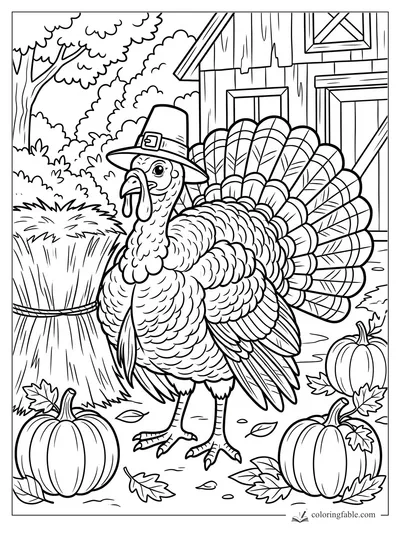 Thanksgiving turkey in a pilgrim hat standing by pumpkins, hay, leaves, and a wooden barn