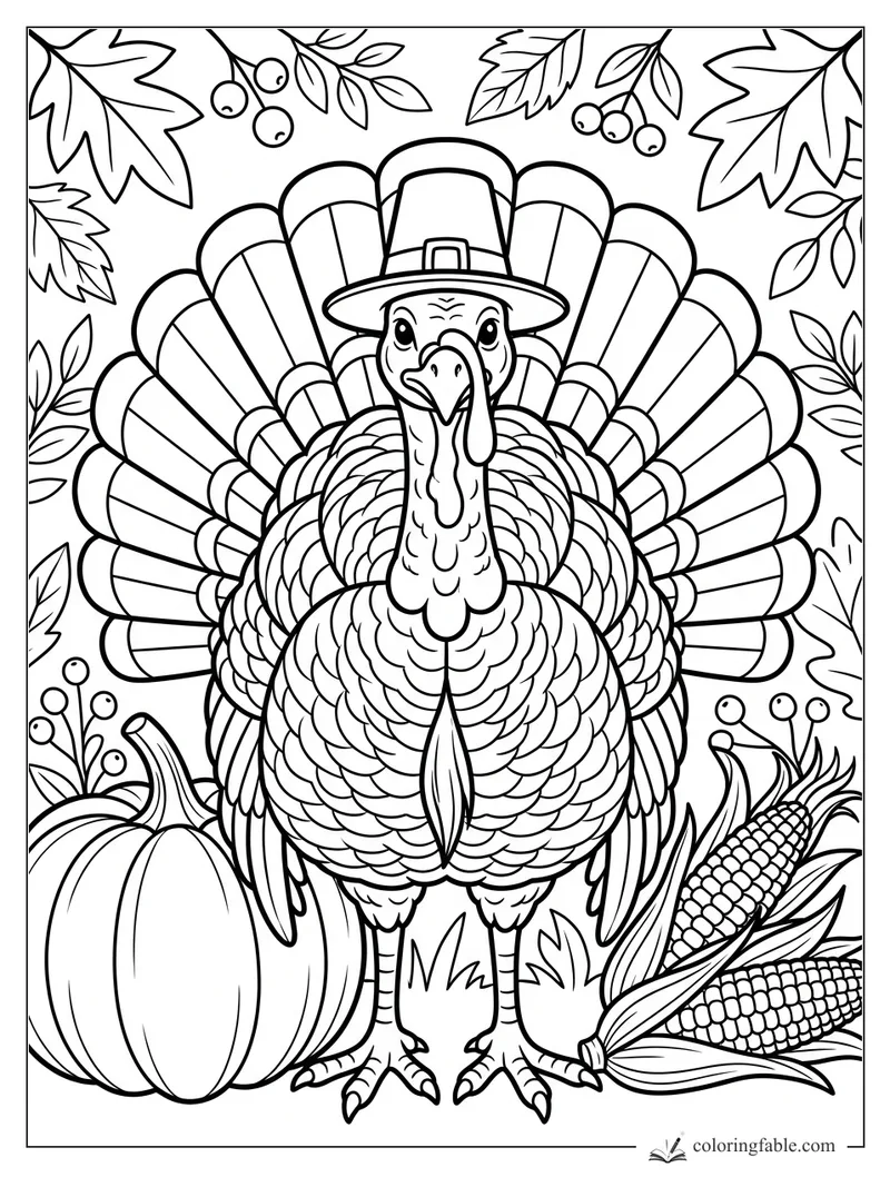 Turkey in a pilgrim hat with fanned feathers, pumpkin, corn cobs, fall leaves, and berries coloring page
