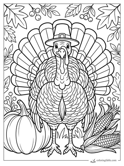 Turkey in a pilgrim hat with fanned feathers, pumpkin, corn cobs, fall leaves, and berries coloring page