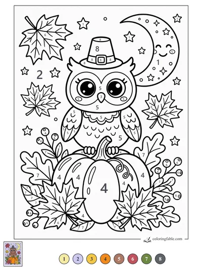 Pilgrim Owl on a Pumpkin Under a Smiling Moon — color by number