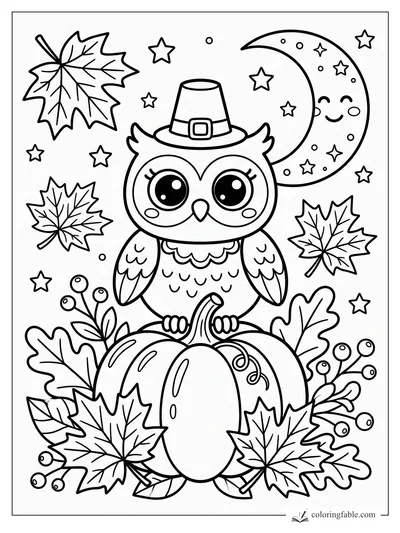 Kawaii pilgrim owl perched on a pumpkin with fall leaves, berries, stars, and a smiling crescent moon.