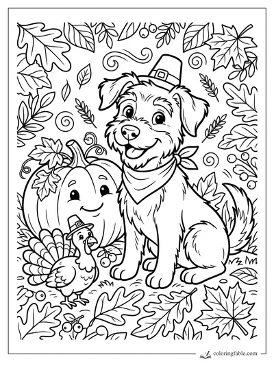 Cartoon dog in a pilgrim hat beside a smiling pumpkin, turkey, berries, and fall leaves coloring page