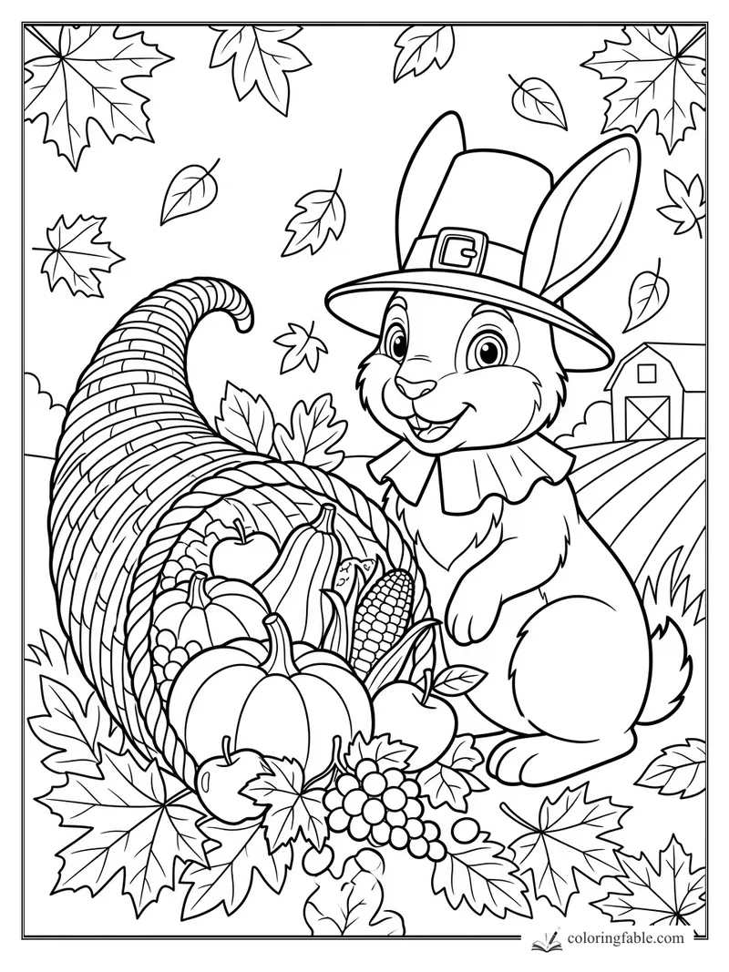 Smiling rabbit in a pilgrim hat beside a cornucopia of pumpkins, corn, apples, grapes, and fall leaves.