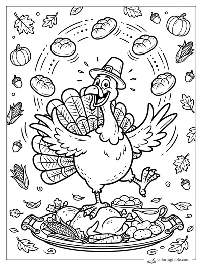 Cartoon pilgrim turkey juggling rolls on a Thanksgiving platter with pumpkins, corn, gravy, and leaves.