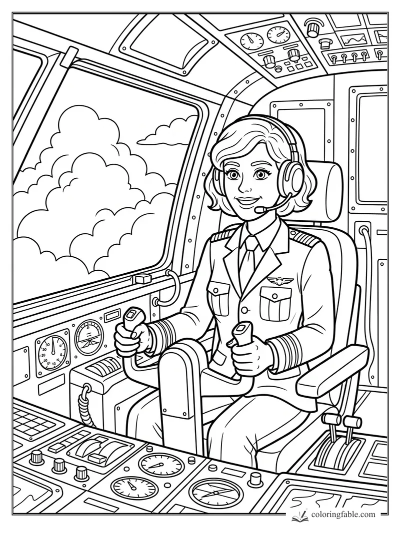 Smiling pilot in a cockpit with headset, controls, gauges, and clouds outside the window