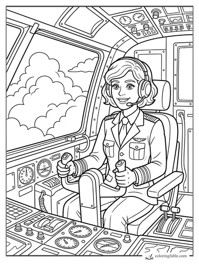 Smiling pilot in a cockpit with headset, controls, gauges, and clouds outside the window