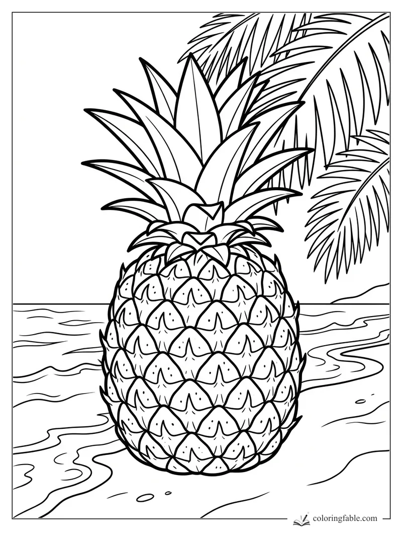 Pineapple with spiky leaves on a tropical beach, with ocean waves and palm fronds behind it