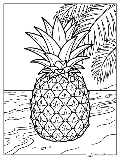Pineapple with spiky leaves on a tropical beach, with ocean waves and palm fronds behind it