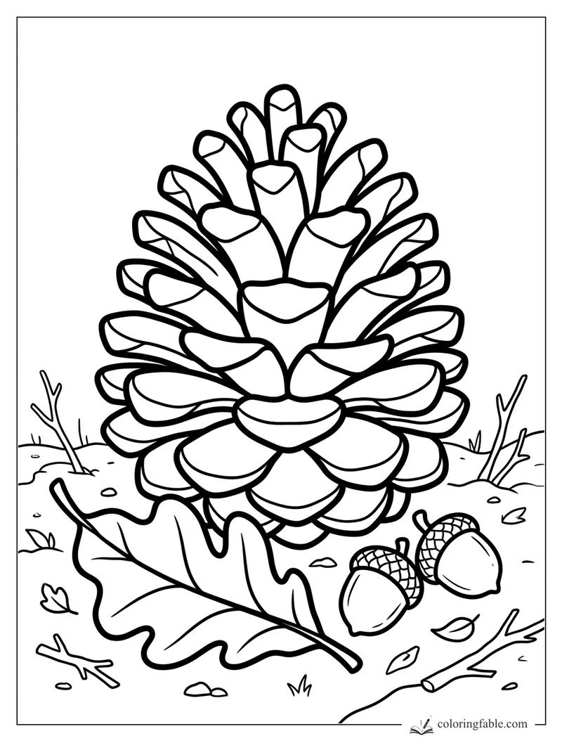 Bold fall coloring page with a large pinecone, oak leaf, acorns, twigs, and tiny ground leaves.