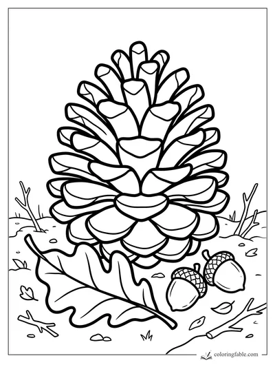 Bold fall coloring page with a large pinecone, oak leaf, acorns, twigs, and tiny ground leaves.
